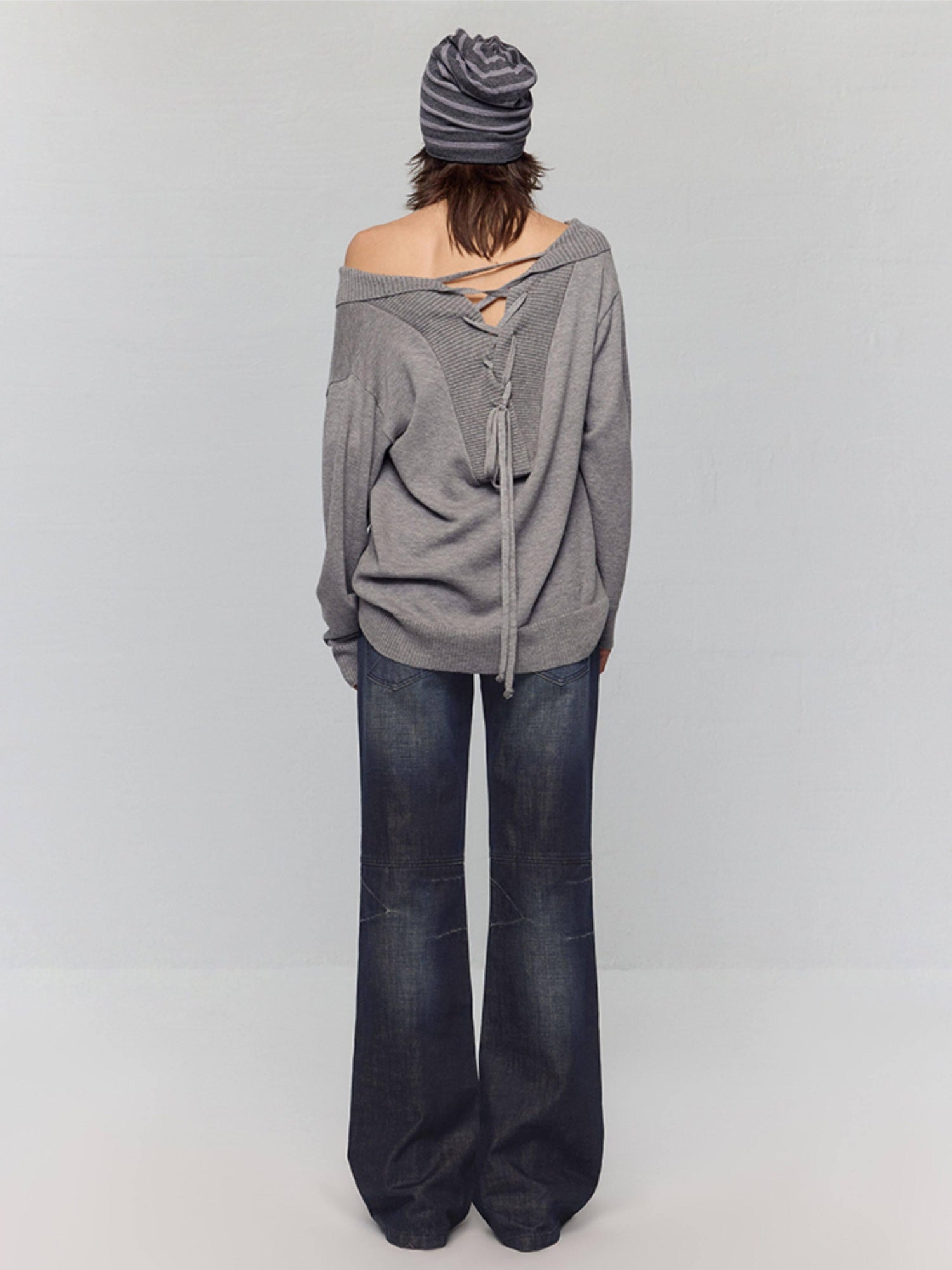 RUN TO THE FUTURE Vintage Commuter Loose Tie Asymmetric Neck Women Grey Knit Long Sleeve T-Shirts