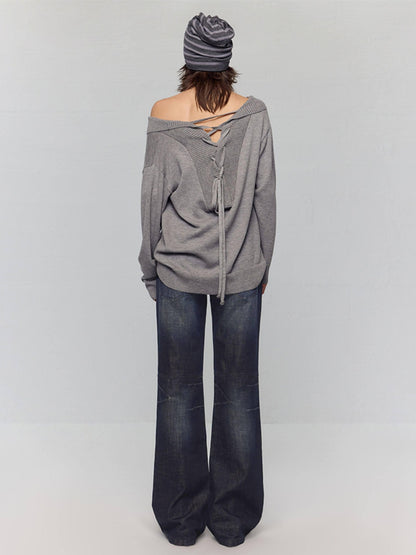 RUN TO THE FUTURE Vintage Commuter Loose Tie Asymmetric Neck Women Grey Knit Long Sleeve T-Shirts
