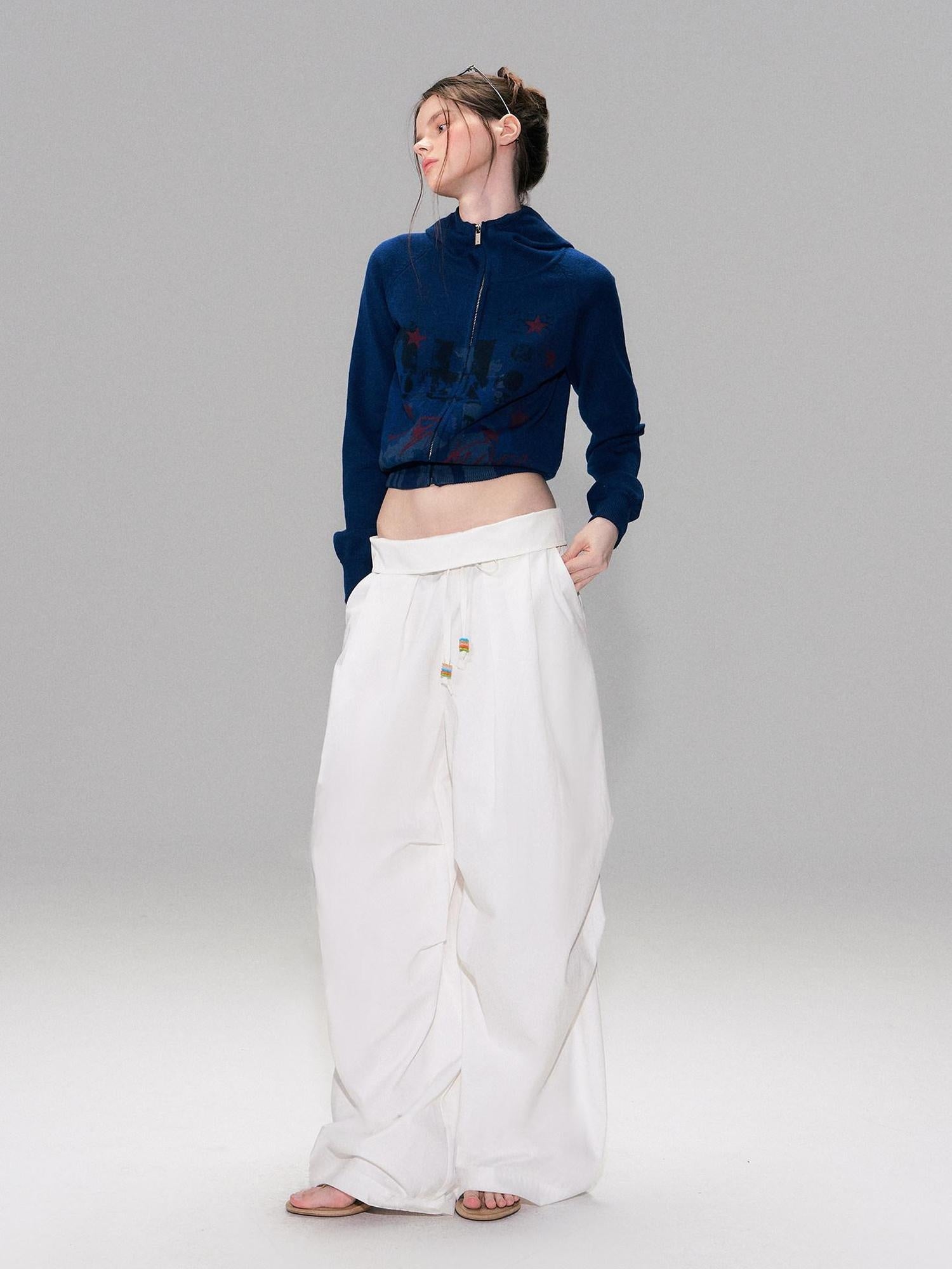 The NeverMore Cotton Blend Vintage Curved Cut Natural Waist Women White Wide Leg Pants