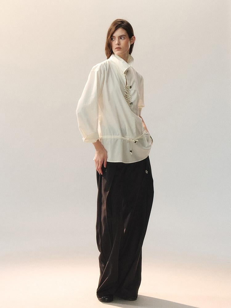 AnnoMundi Bamboo Blend Loose Fit Chinese Buttoned Long Sleeve Women Blouses