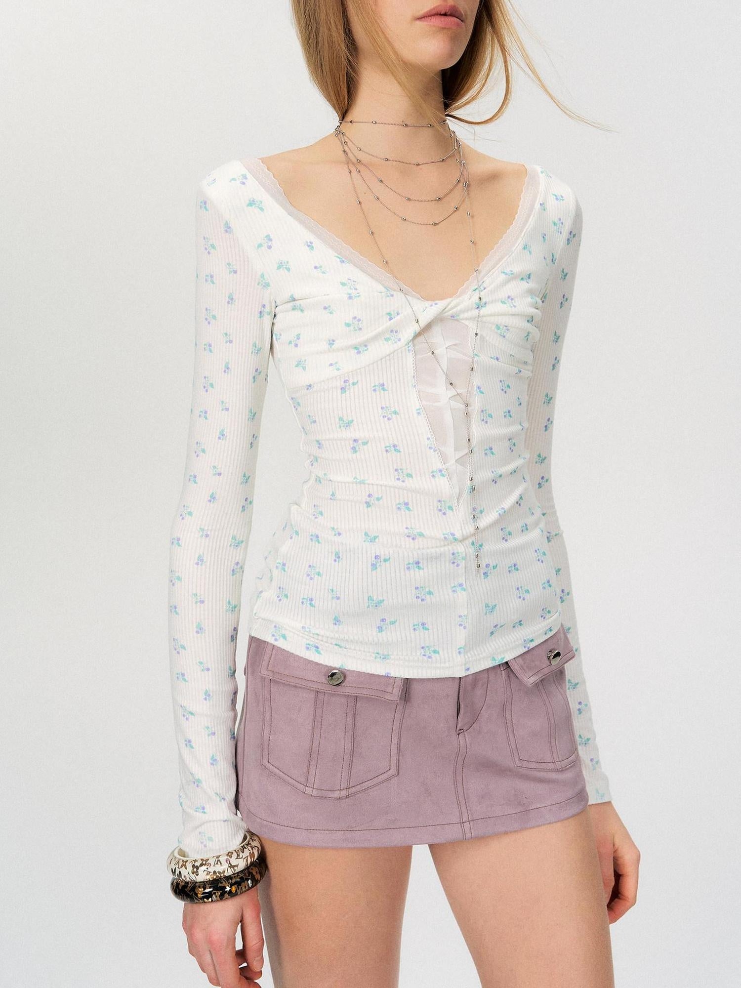 The NeverMore Sexy Mesh Floral Spliced Fitted Womens Stretch Long Sleeve Crop Tops