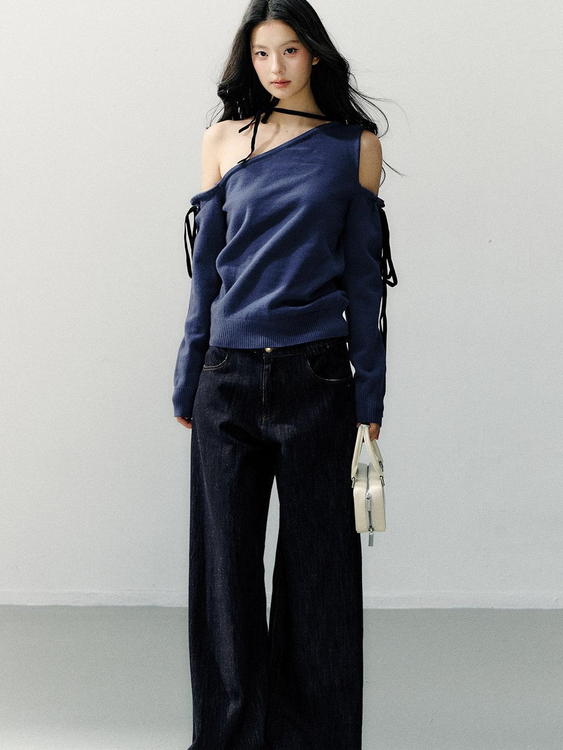 7Shiftin Cozy Casual Loose Backless Women Knit Pullover Blue Long Sleeve Sweaters