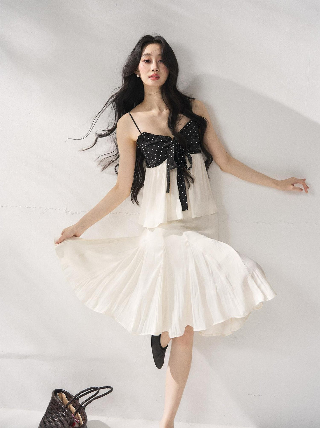 7Shiftin Chic Polka Dot Bow High Waisted Two Piece Set Camisole Top Women Midi Skirts