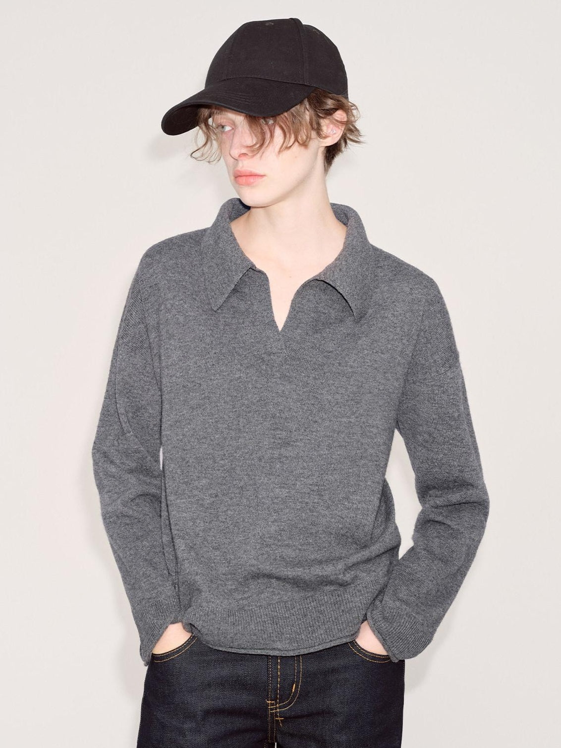 RUN TO THE FUTURE Acrylic Loose Fit Polo Collar Office Commuter Grey Pullover Long Sleeve T-Shirts