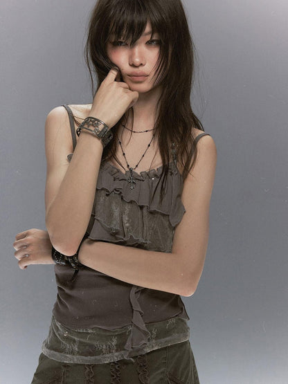 Cest Nous Leaf Tie Dye Beaded Lace V-neck Layered Ruffle Women&