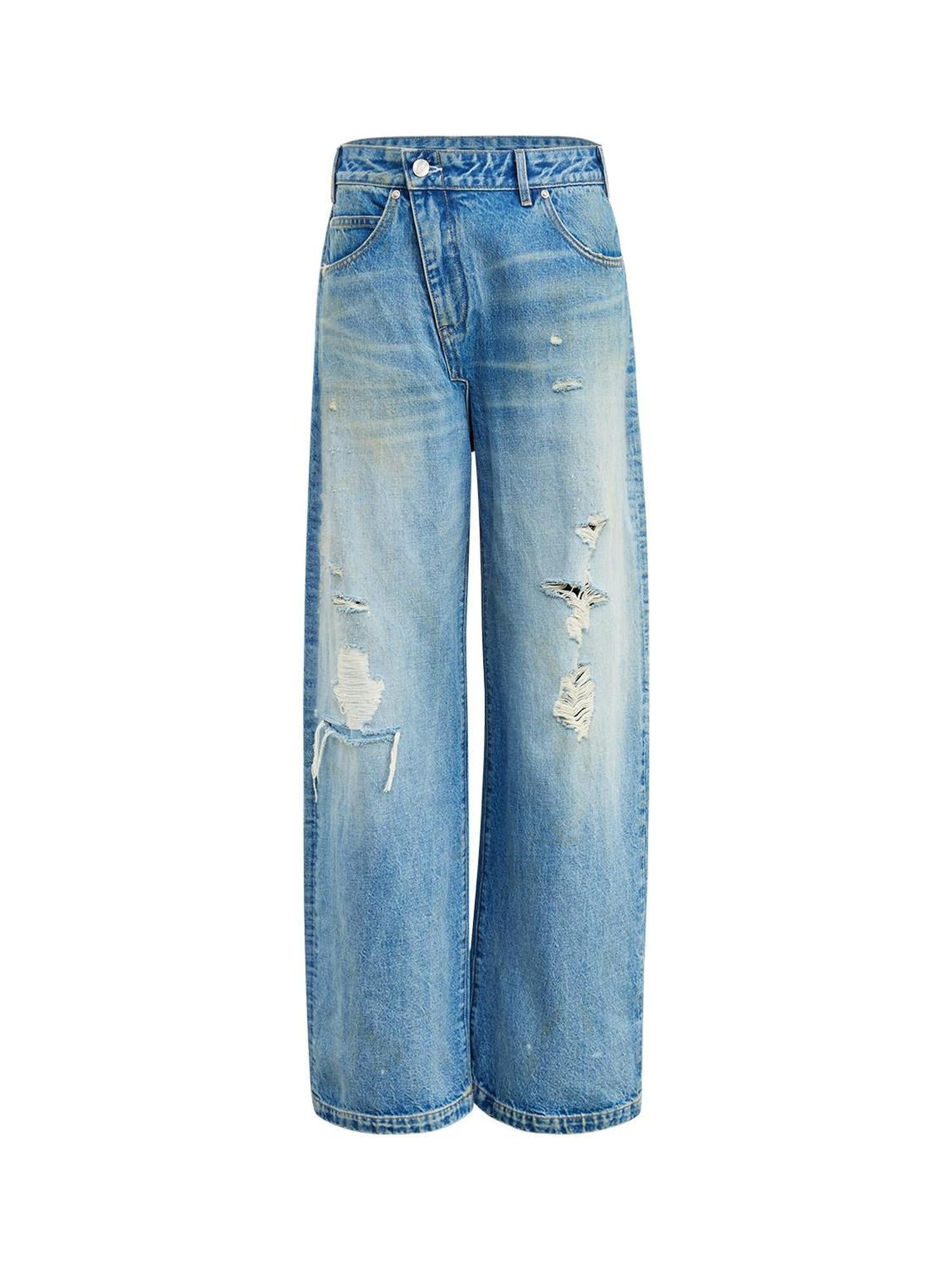 RUN TO THE FUTURE Durable Distressed Low Rise Loose Fit Casual Light Blue Denim Wide-Leg Jeans
