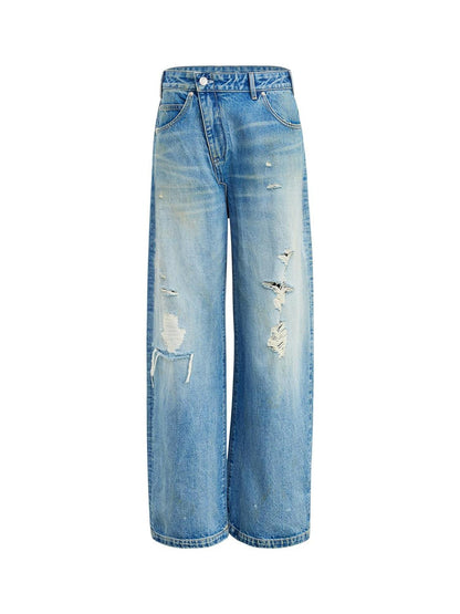 RUN TO THE FUTURE Durable Distressed Low Rise Loose Fit Casual Light Blue Denim Wide-Leg Jeans