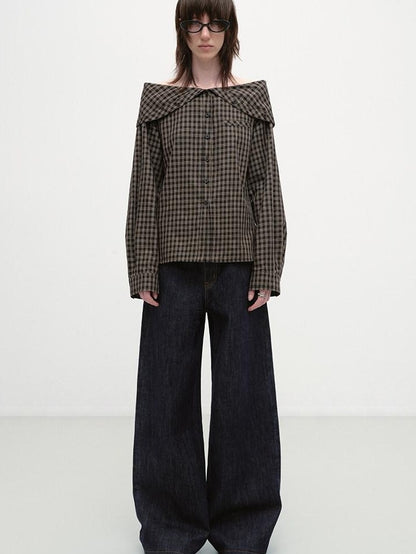 RUN TO THE FUTURE Original Design Breathable Cotton Loose Fit Plaid Bardot Womens Blouses