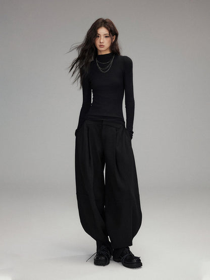 Low pixel Low Rise Wool Blend Micro Stretch Casual Zip Fly Women Black Wide Leg Pants