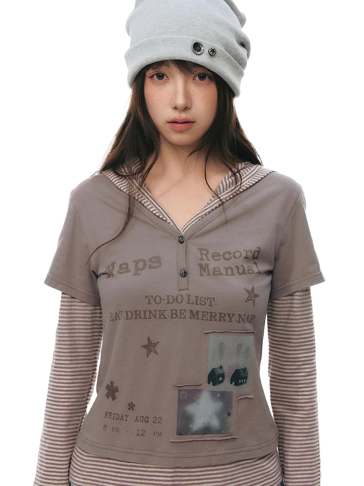 NAPSNAPS Striped Patchwork Letter Print Hooded Women&