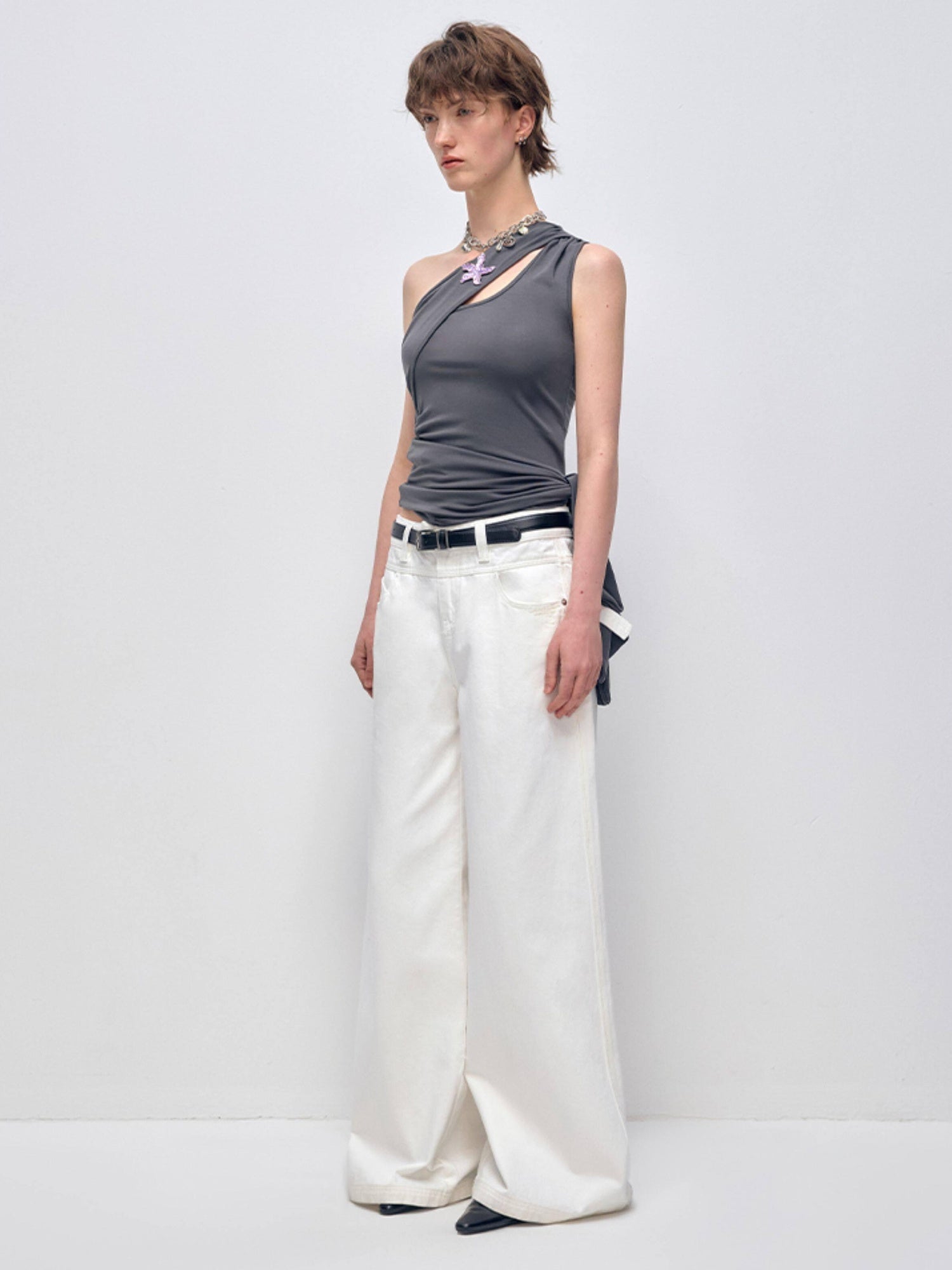 RUN TO THE FUTURE Low Rise 96 Percent Cotton Casual Loose Fit White Denim Wide-Leg Jeans