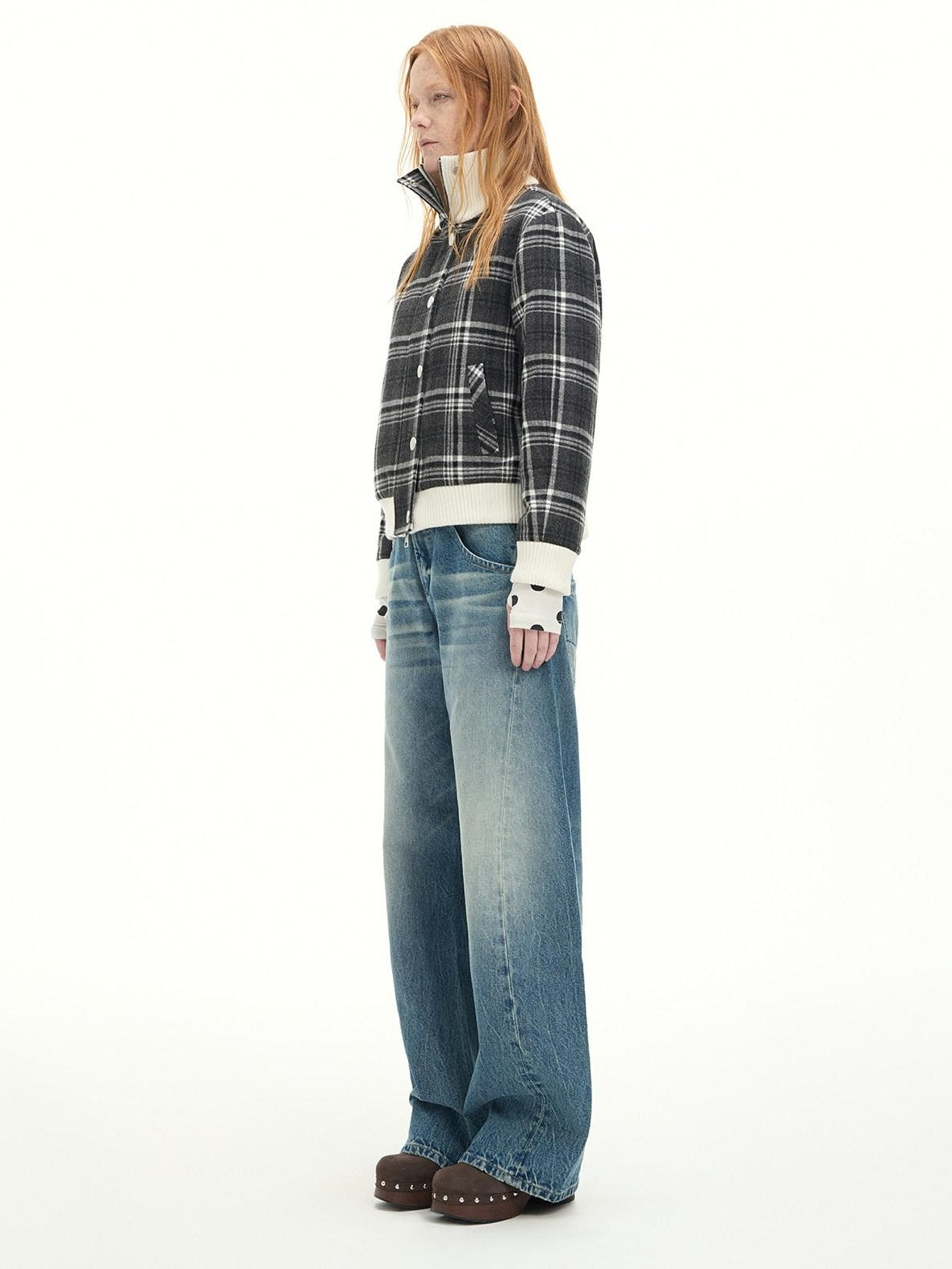 RUN TO THE FUTURE Washed Cotton Casual Natural Waist Topstitch Women Denim Blue Wide-Leg Jeans