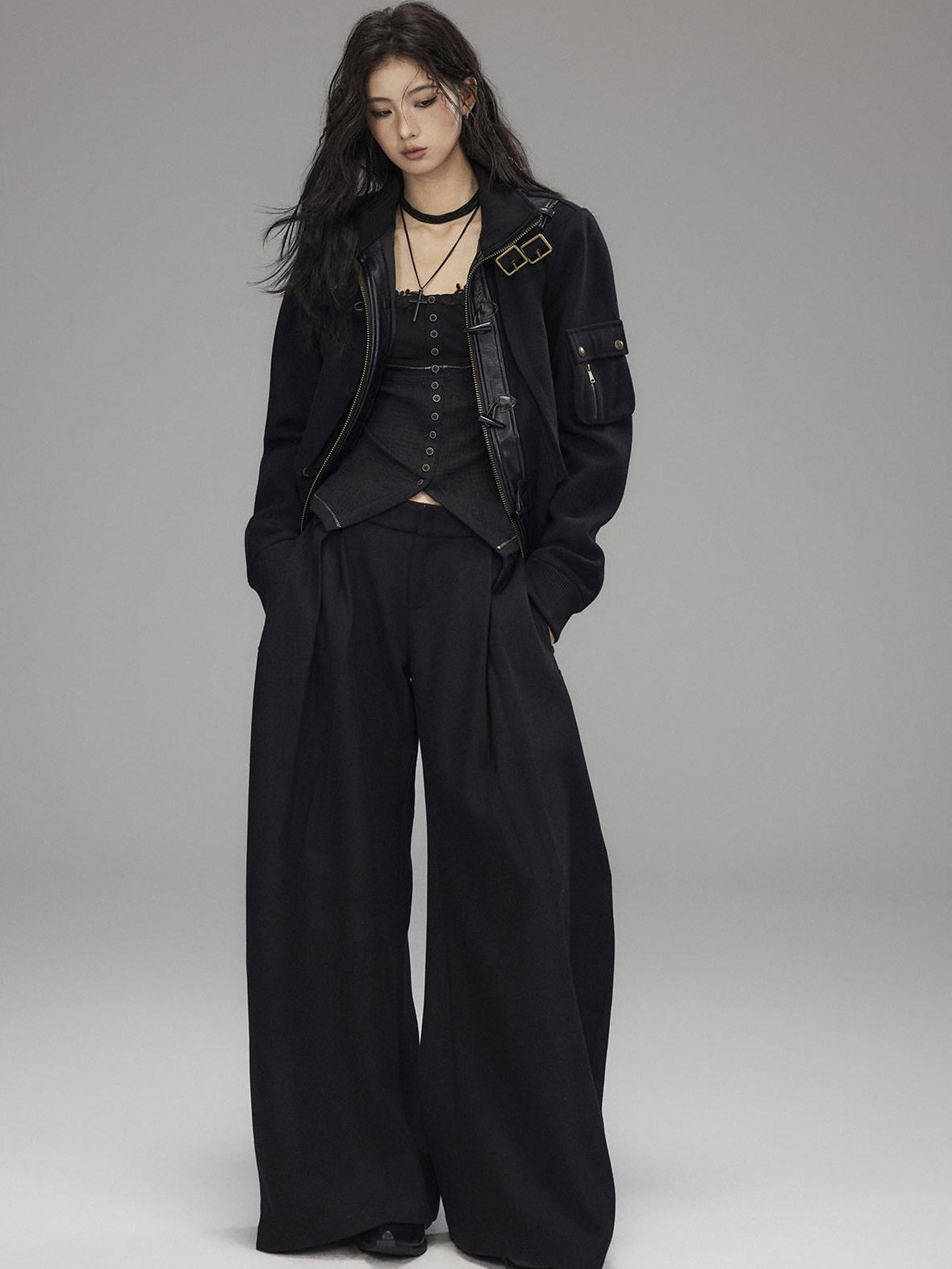 Low pixel Thick Wool Blend Slim Fit Street Hippie Stand Collar Black Cropped Jackets