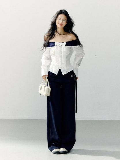 7Shiftin Slimming Off Shoulder Slim Fit Long Sleeve Cotton Bow White Blouses