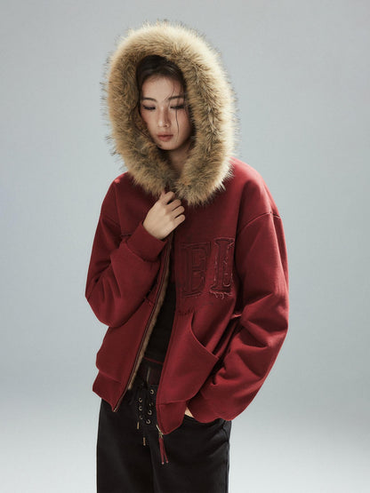 Low pixel Thick Warm 100 Percent Cotton Street Loose Fit Zip Up Women Red Oversized Hoodie