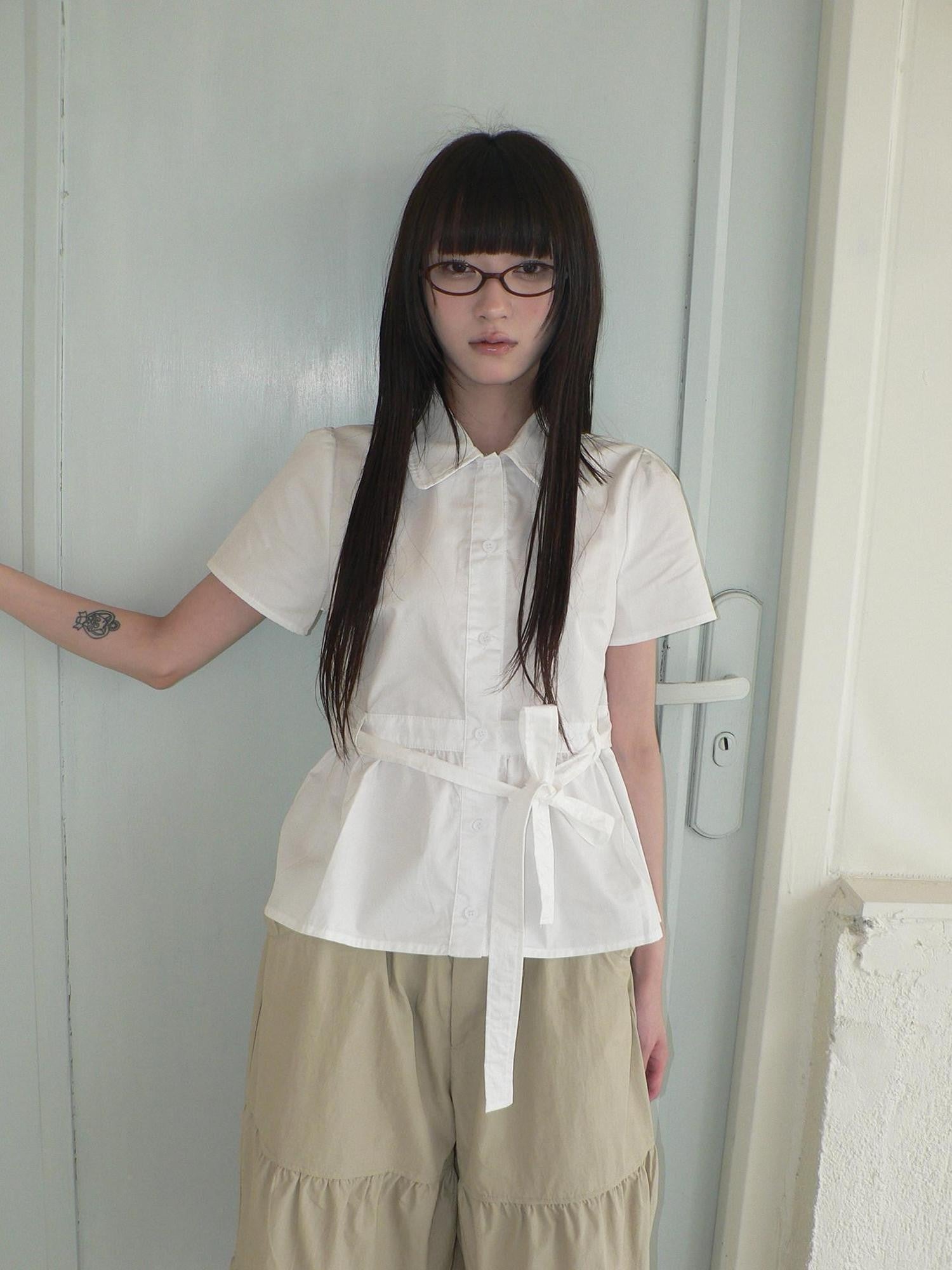 ang project Korean Turn Down Collar Single Button Tie Waist Women&