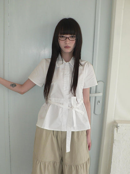 ang project Korean Turn Down Collar Single Button Tie Waist Women&