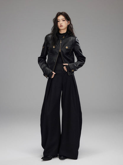Low pixel Insulated Waist Cinch Workwear Multipocket Lapel Zip Black Women Leather Jackets