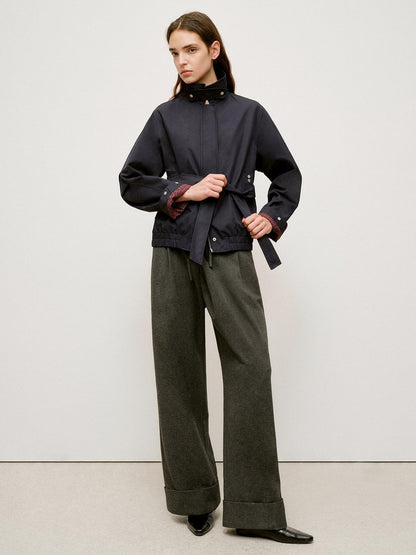 RUN TO THE FUTURE Windproof Lightweight American Loose Fit Plaid Zip Navy Women Windbreakers
