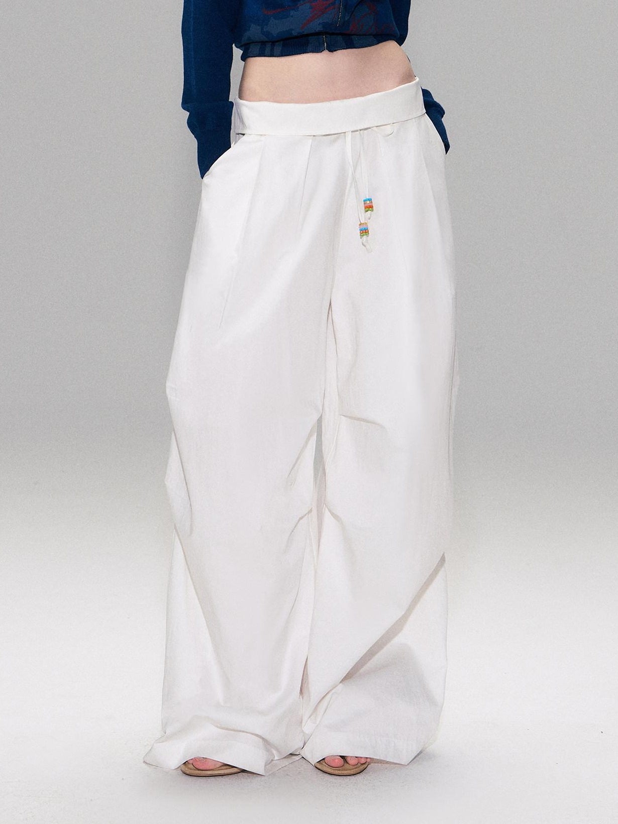 The NeverMore Cotton Blend Vintage Curved Cut Natural Waist Women White Wide Leg Pants