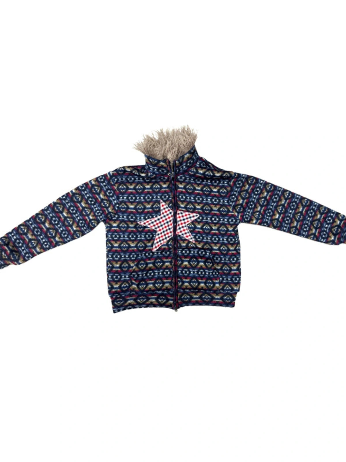 Vintage Plush Collar Dual-Zip Jacket With Unique Print