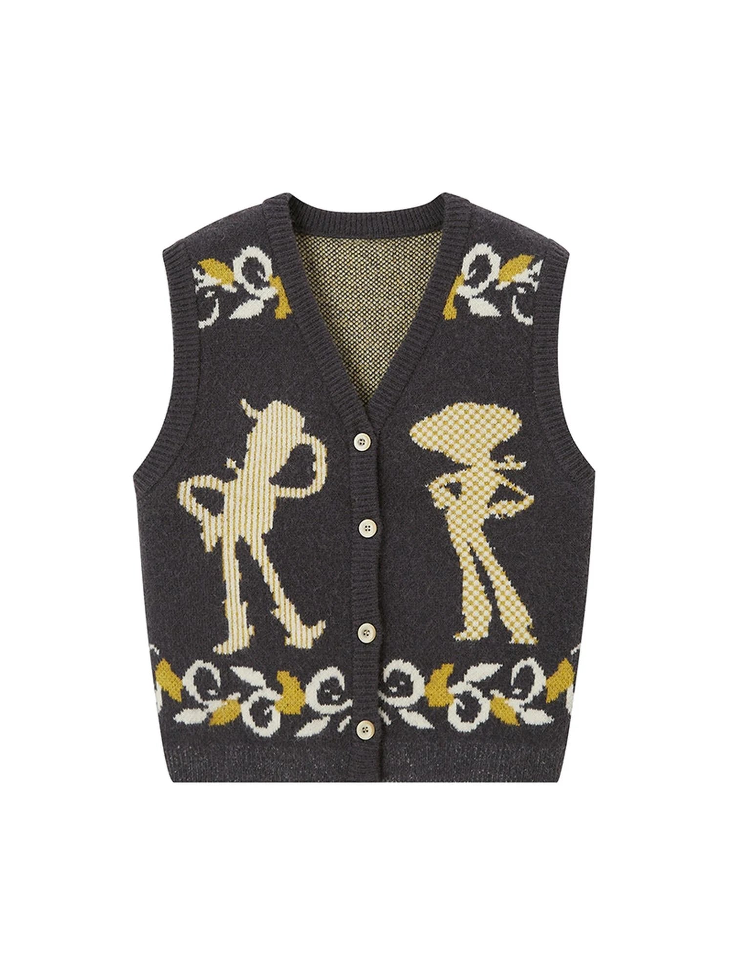 Vintage Denim Knit Vest With Floral And Cartoon Jacquard Texture