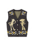 Vintage Denim Knit Vest With Floral And Cartoon Jacquard Texture