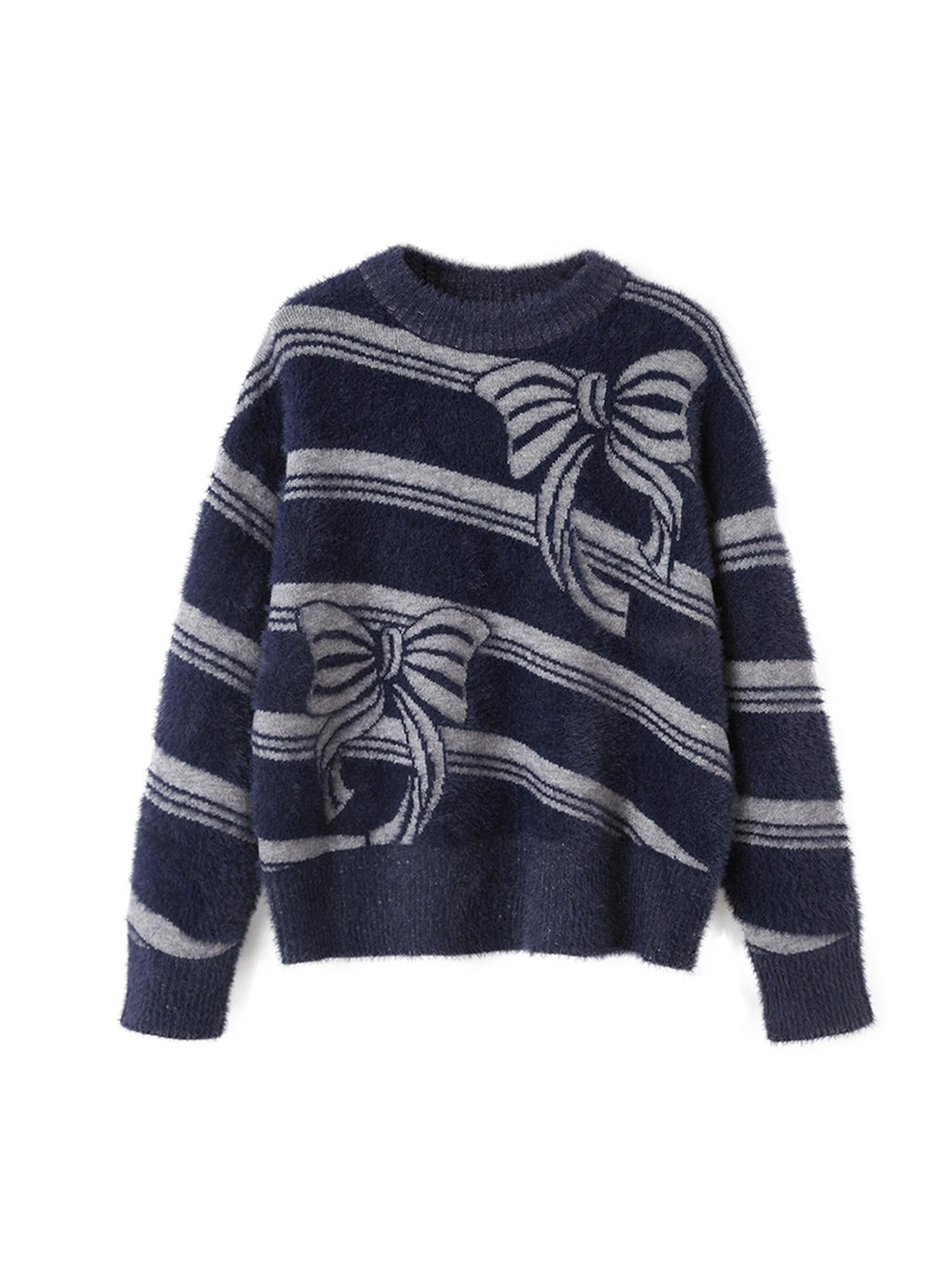 DIDDI MODA Arctic Velvet Bow Stripe Jacquard Sweater