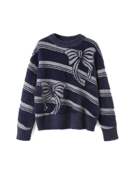 DIDDI MODA Arctic Velvet Bow Stripe Jacquard Sweater
