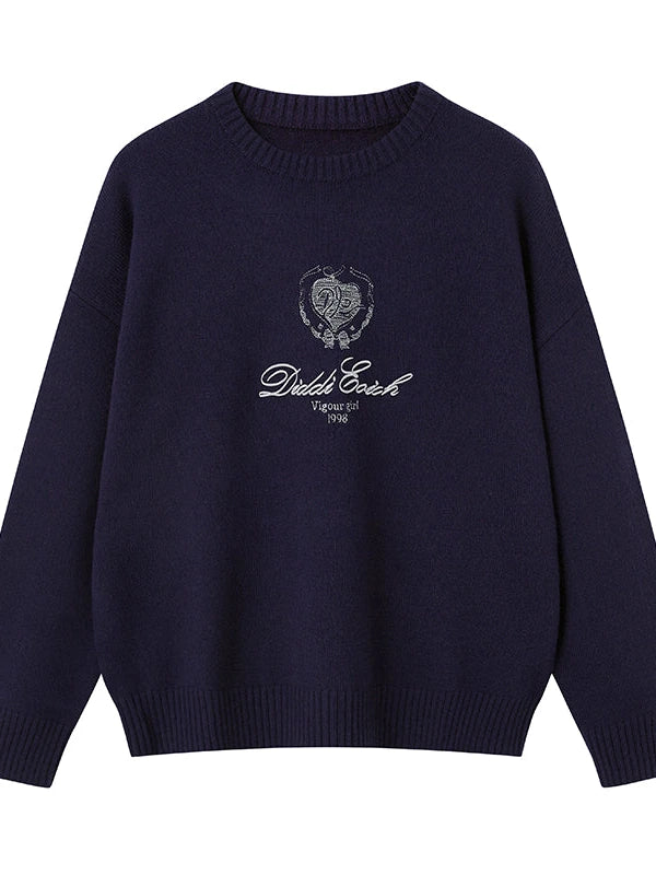 Classic Collar Knit Sweater With Bow Emblem Embroidery