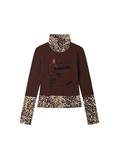 Velvet Trimmed Leopard Print High Neck T Shirt