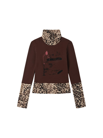 MOMSYCAN FOX LINE Velvet Trimmed Leopard Print High Neck T Shirt