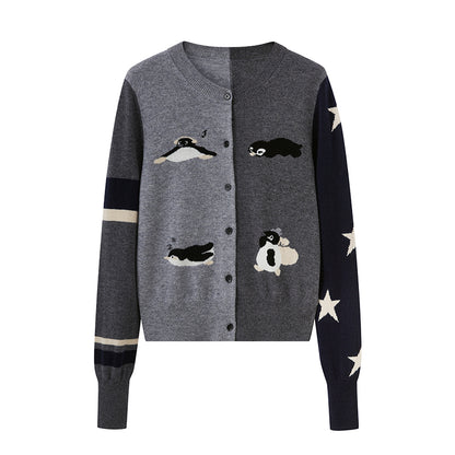 DIDDI MODA Penguin Patch Asymmetrical Knit Cardigan