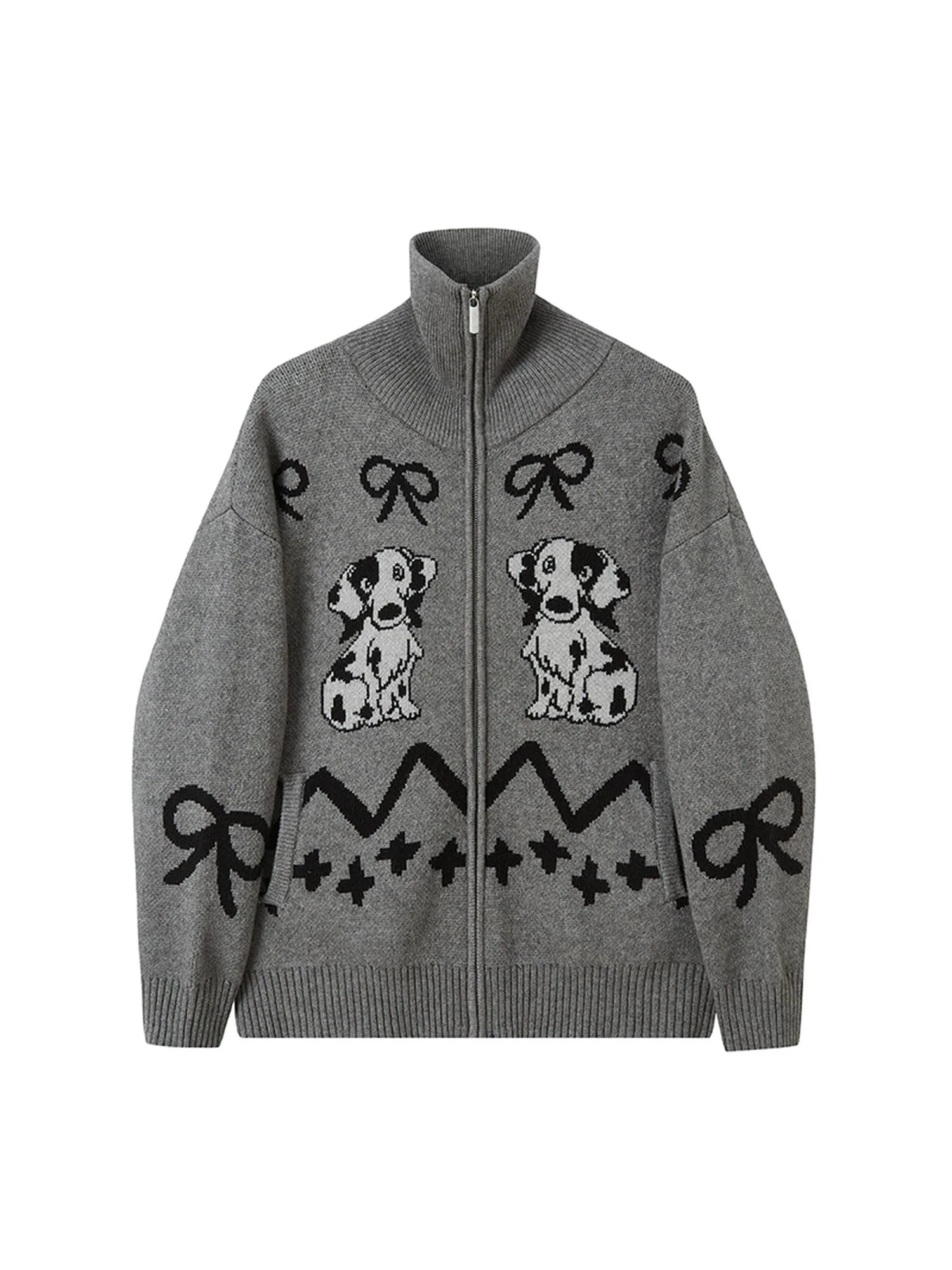 Puppy Bow Knit Zip Cardigan