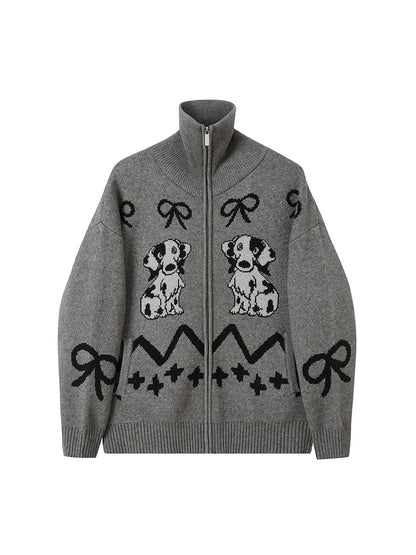 Puppy Bow Knit Zip Cardigan