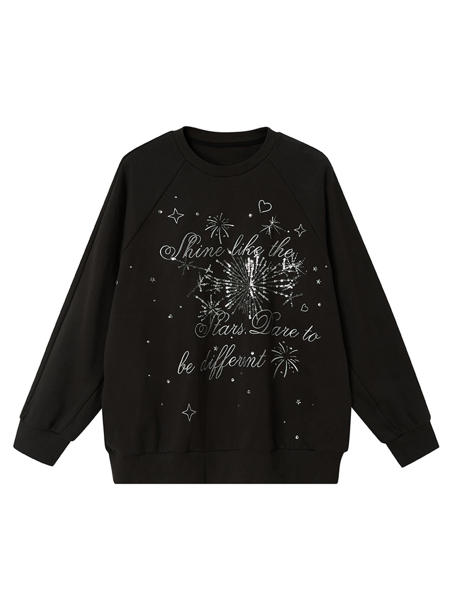 DIDDI MODA Sparkling Disco Embroidered Sweatshirt Asymmetrical Bow Shirt Set