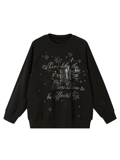 DIDDI MODA Sparkling Disco Embroidered Sweatshirt Asymmetrical Bow Shirt Set