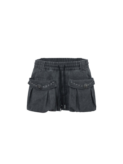 DoublePunch Vintage Washed A-Line Cargo Shorts With Rivets