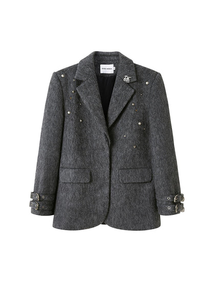 DIDDI MODA Grey Wool Blazer With Studs Shoulder Pads