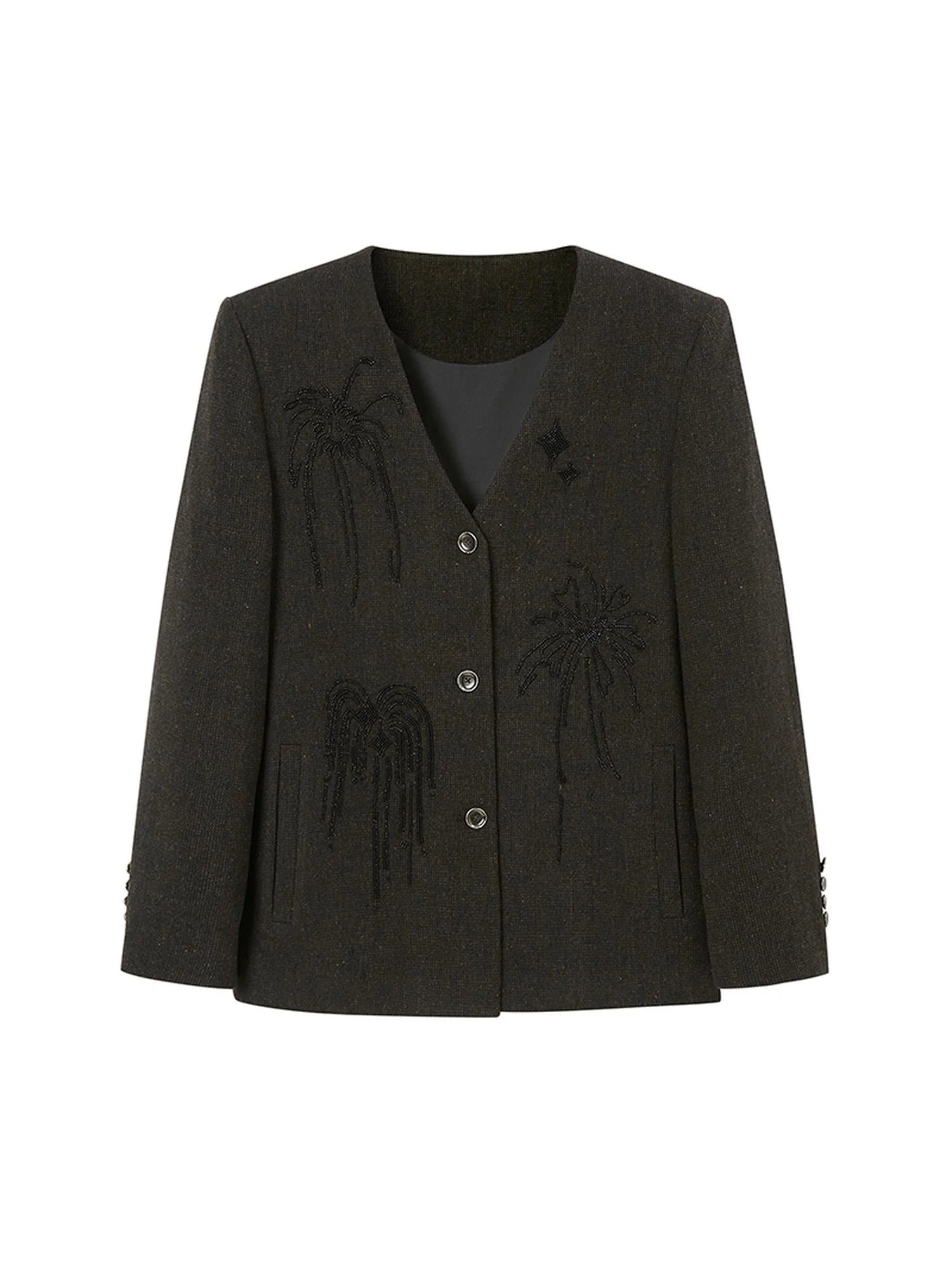 Luxury Wool V Neck Blazer With High Density Beaded Firework Embroidery