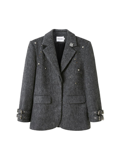 Grey Wool Blazer With Studs Shoulder Pads