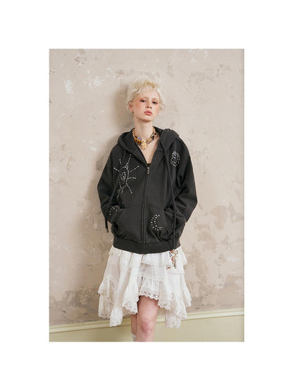 DIDDI MODA Vintage Studded Shell Hoodie With Fleece Lining