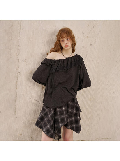 DIDDI MODA Lace Paneled Ruffle Knit Top