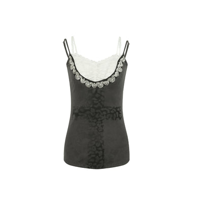 DoublePunch Lace Knit Cross Print Cami Top With Rhinestones Women Fashion Tops