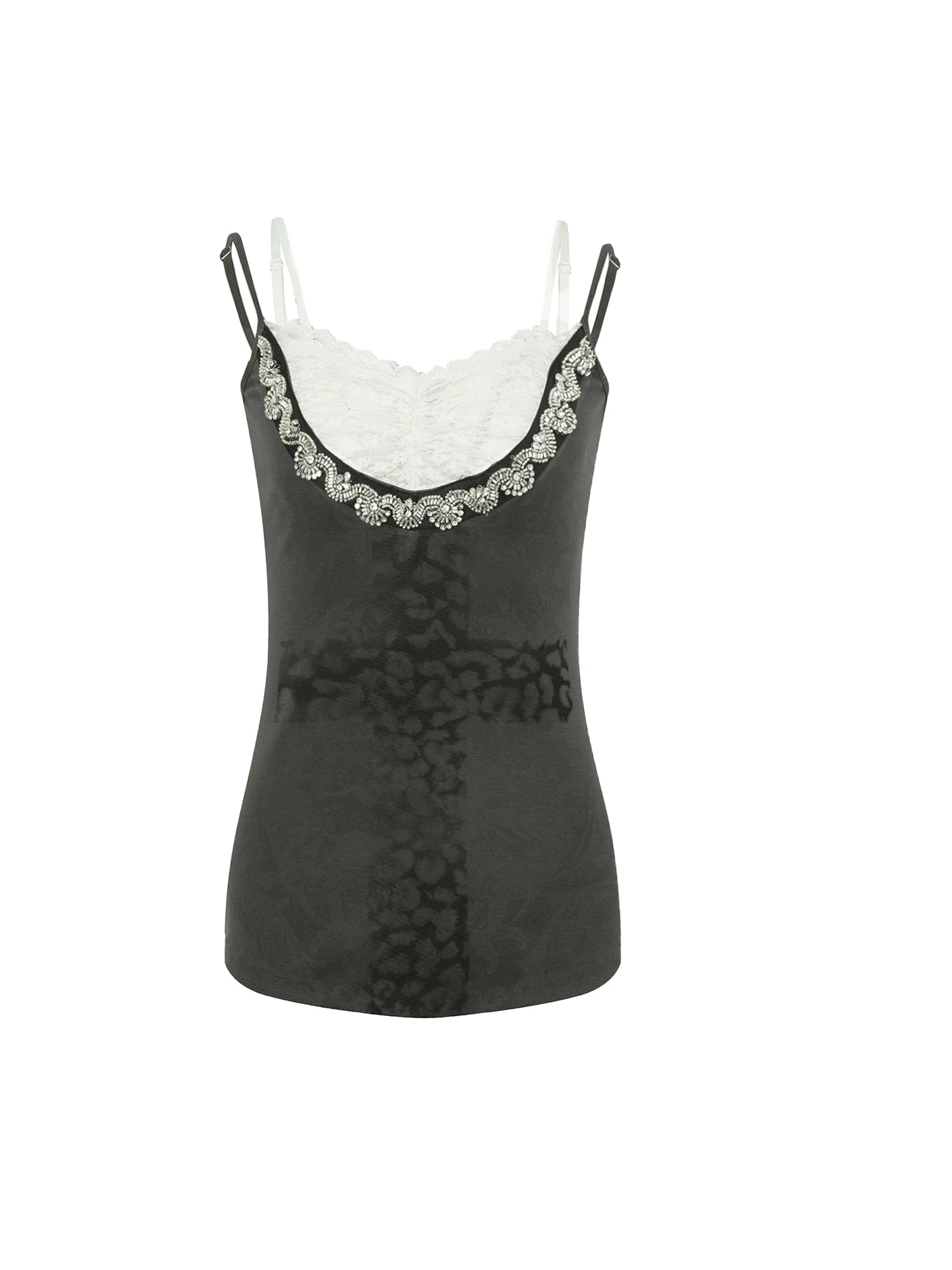 Lace Knit Cross Print Cami Top With Rhinestones Women Fashion Tops