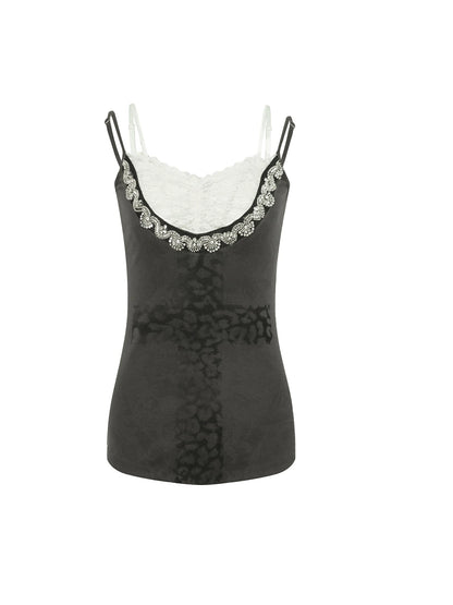 Lace Knit Cross Print Cami Top With Rhinestones Women Fashion Tops