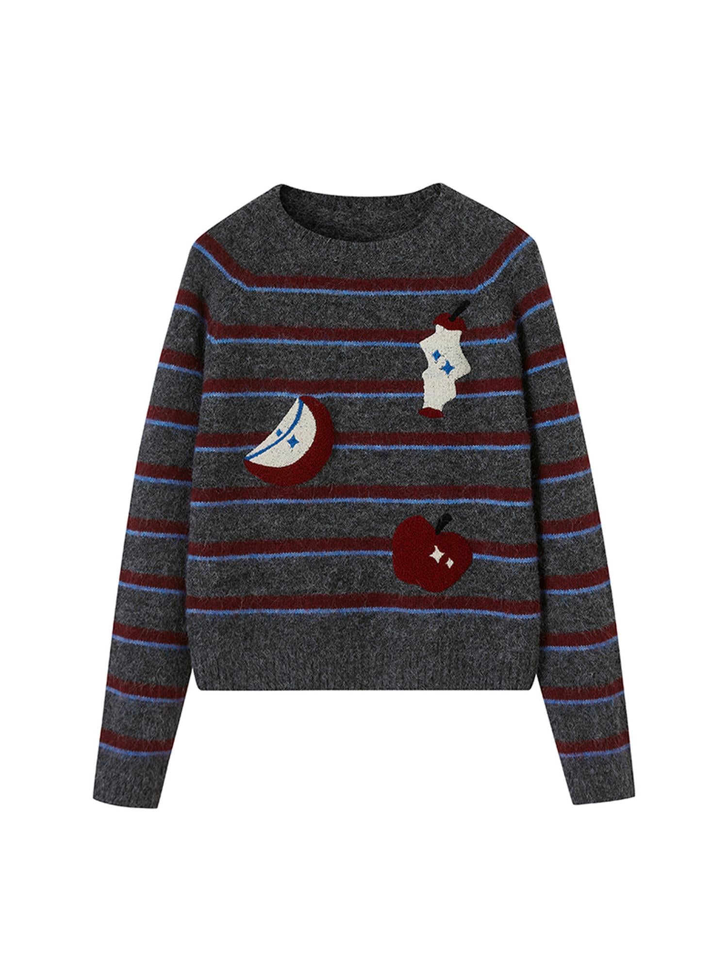 DIDDI MODA Vintage Apple Embroidered Striped Mohair Sweater