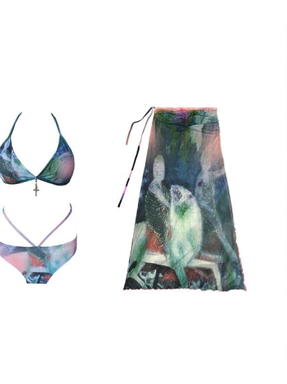 Printed 4-Piece Swim Set with Scarf &amp; Skirt