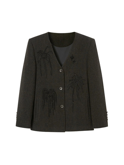 Luxury Wool V Neck Blazer With High Density Beaded Firework Embroidery