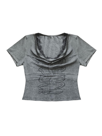 WSW WUSHENWU Mysterious Messenger Grey Cutout Cross Lace Tee